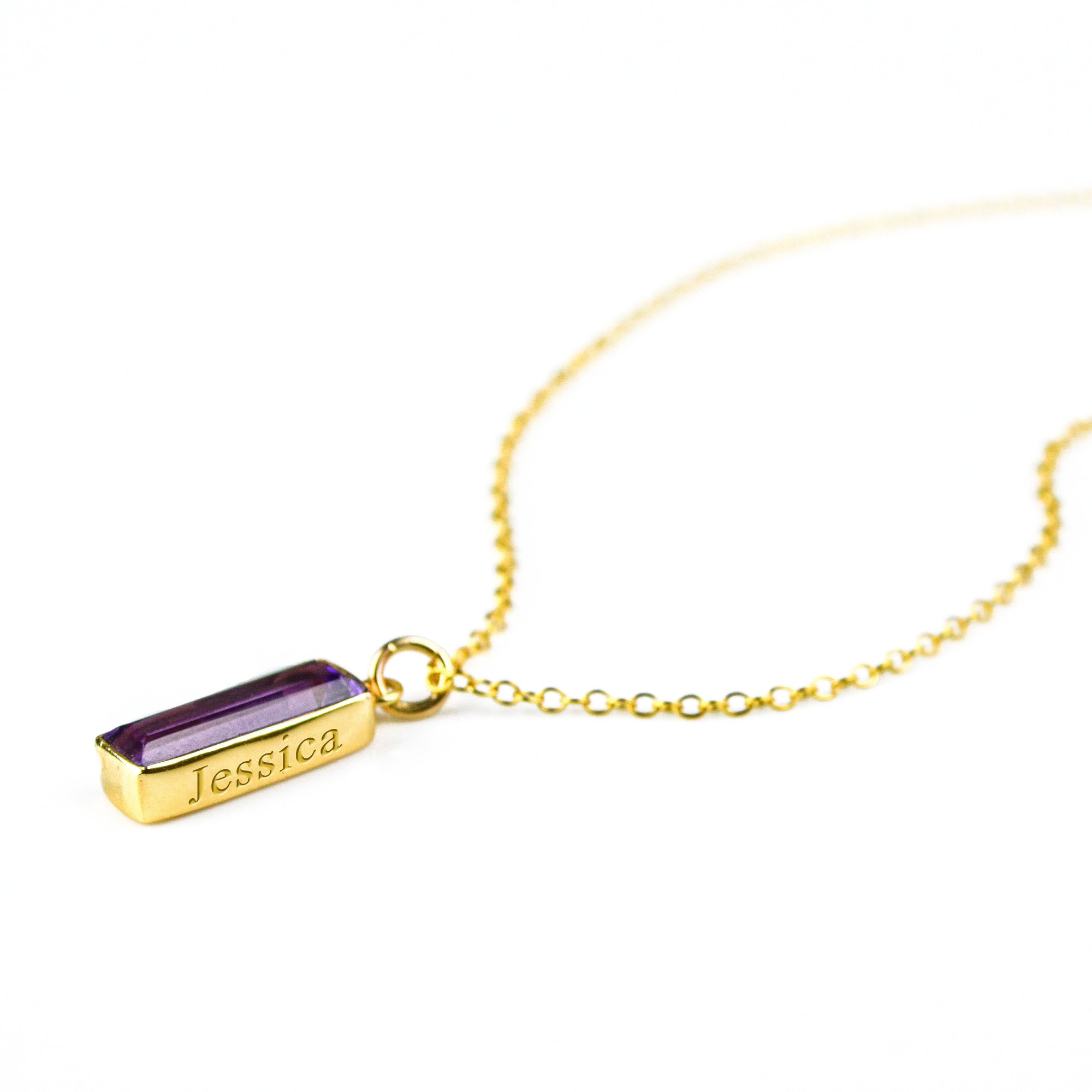 Secret message engraving Gold filled cable chain with purple amethyst vertical adira bar. February birthstone necklace in gold filled.