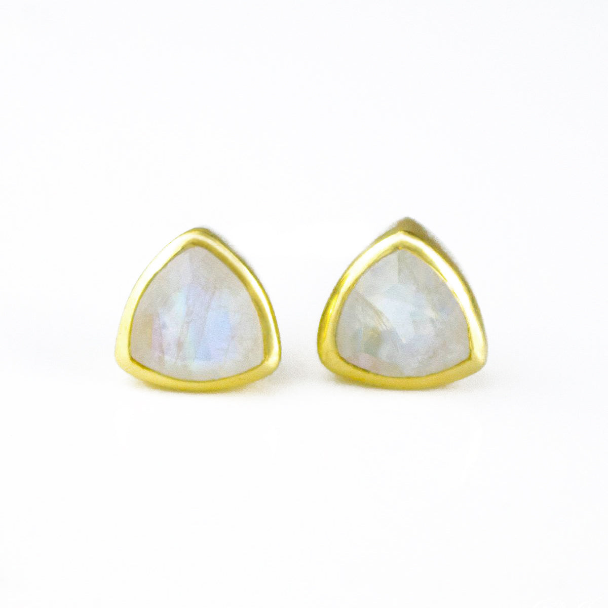 Minimalist Rainbow Moonstone Triangle Studs • June Birthstone