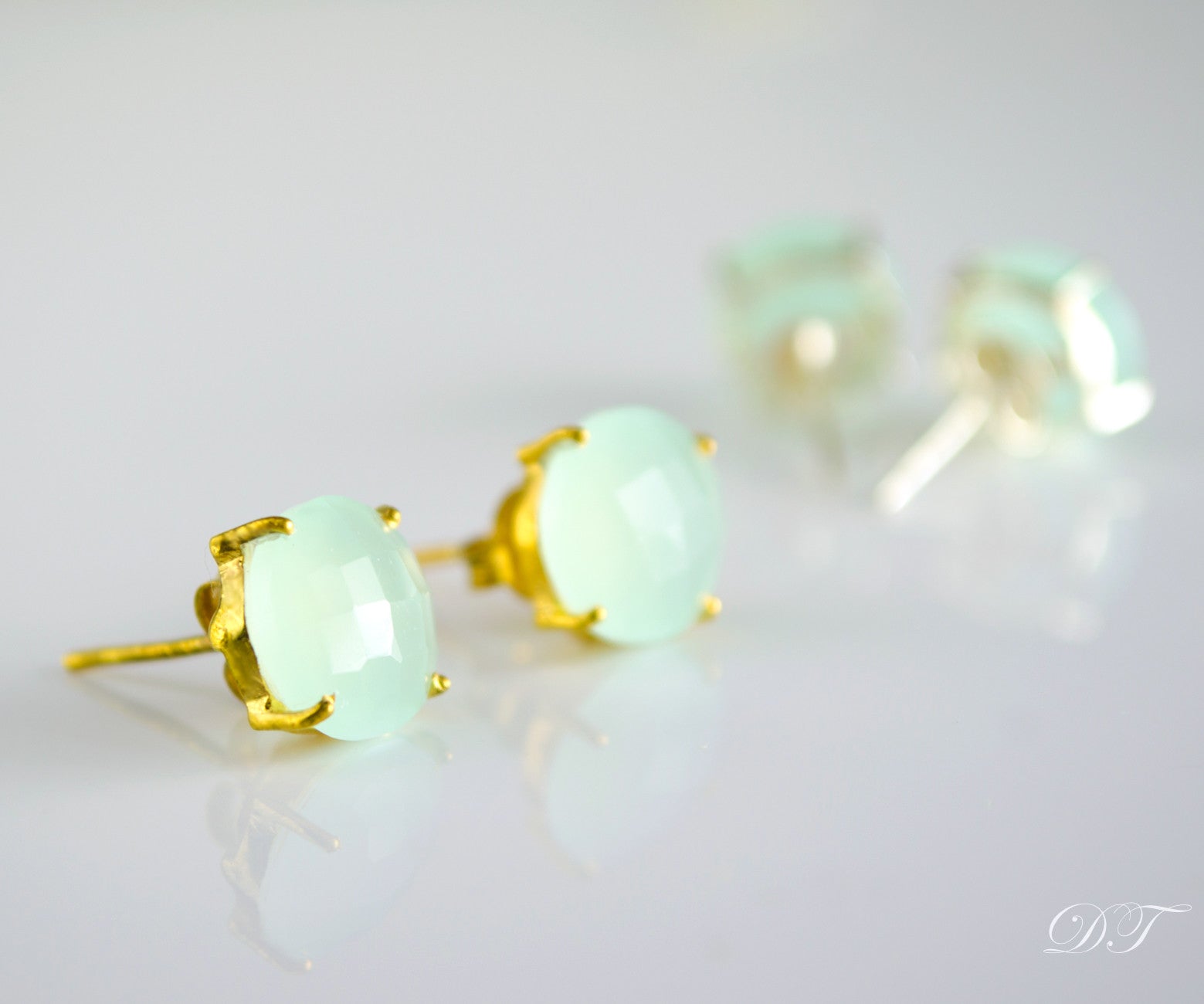 Aqua Chalcedony Round Prong Set Stud Earrings - March Birthstone