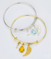 Personalized Birthstone Charm Adjustable Gold or Silver Bangle Bracelet