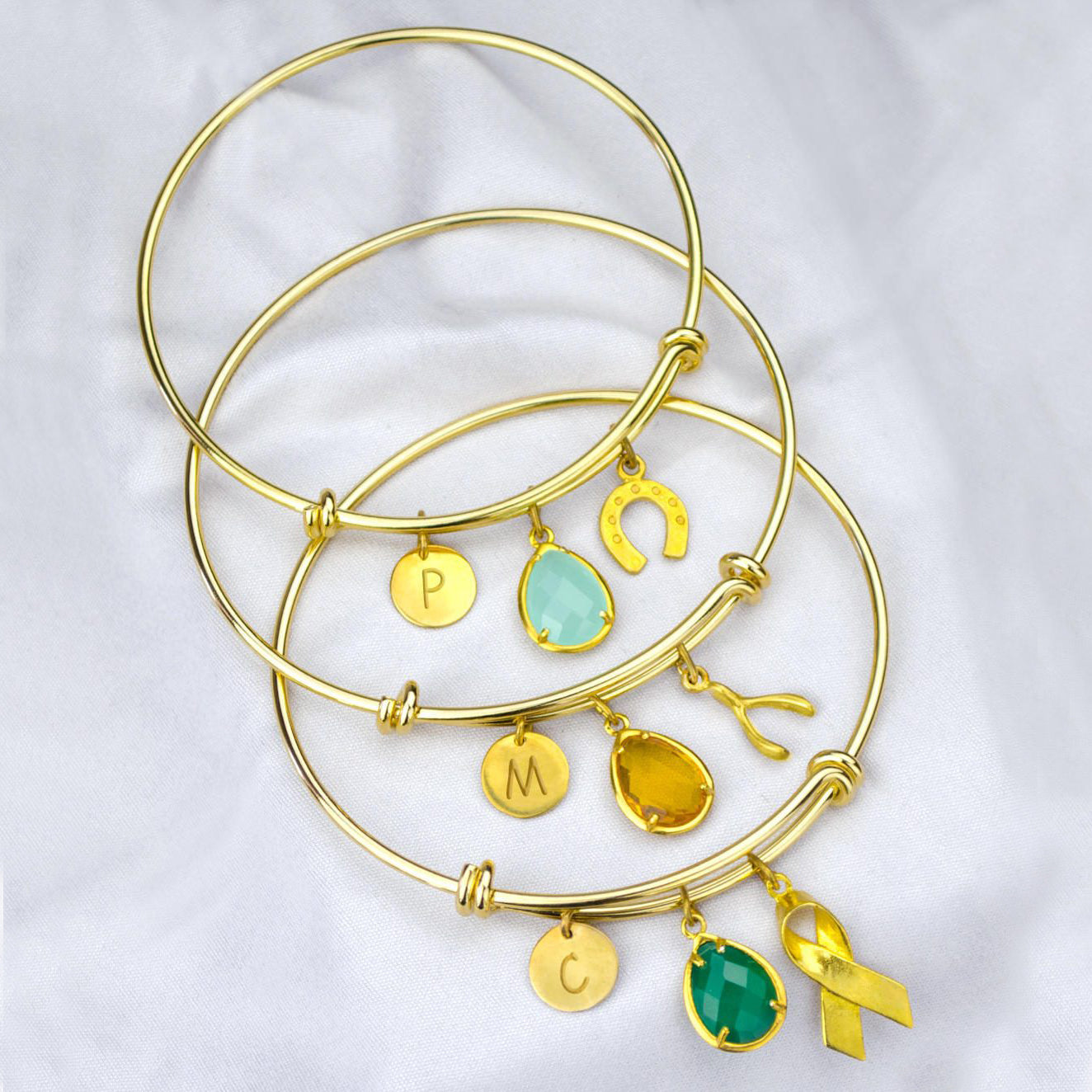 Personalized Birthstone Charm Adjustable Gold or Silver Bangle Bracelet