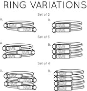 ring variations for sets of 2, set of 3 or set of 4 with name bar on same side or alternating sides for  stacking. engraved name ring, birthstone jewelry, birthstone ring