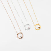 Rose gold filled circle moonstone birthstone necklace, Sterling silver open circle geometric necklace with pink chalcedony birthstone and a gold filled open circle necklace with garnet birthstone.