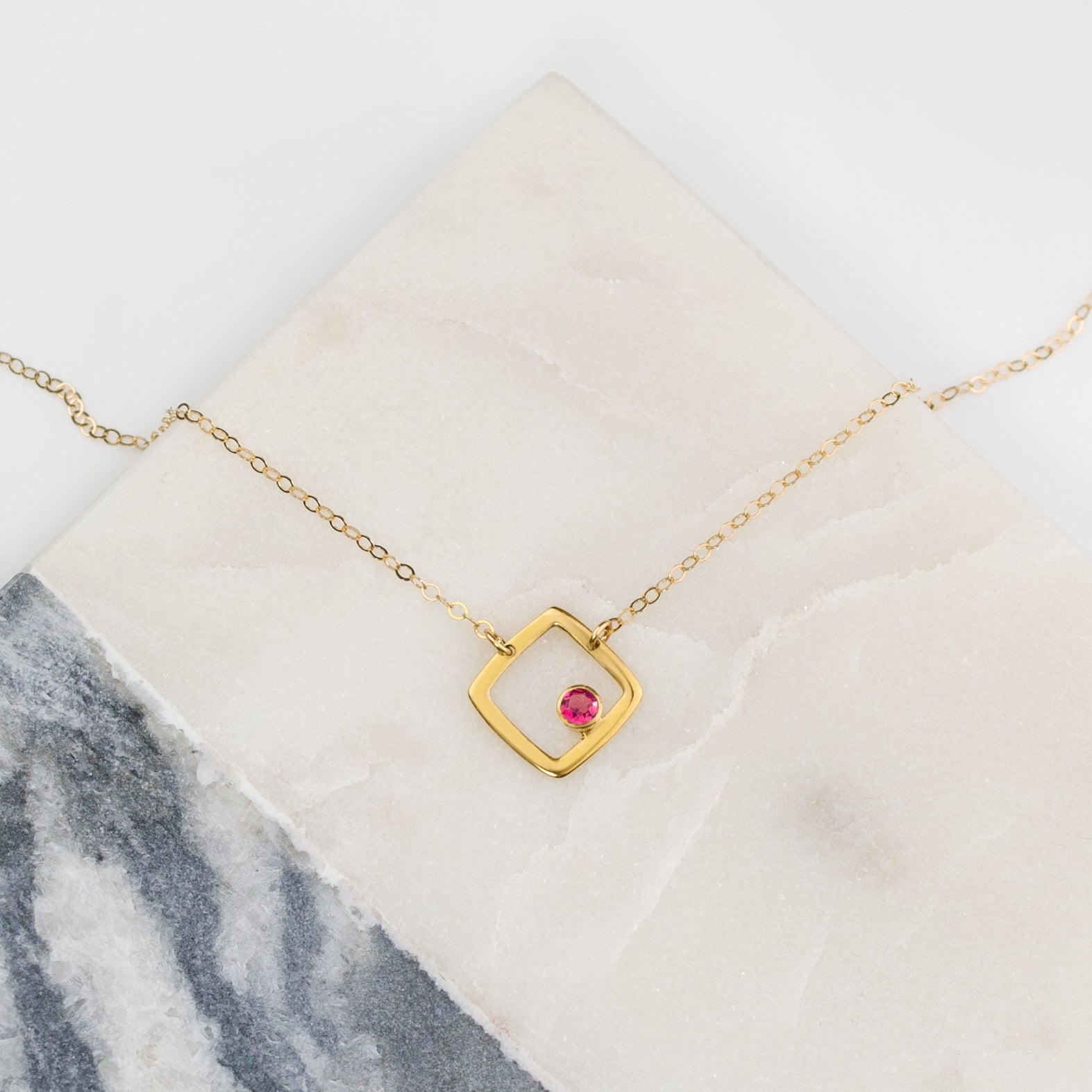 Single gold plated open square minimalist necklace with ruby birthstone, july birthstone july gemstone. birthstone jewelry. minimalist jewelry