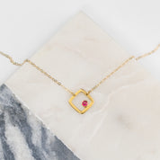 Single gold plated open square minimalist necklace with ruby birthstone, july birthstone july gemstone. birthstone jewelry. minimalist jewelry