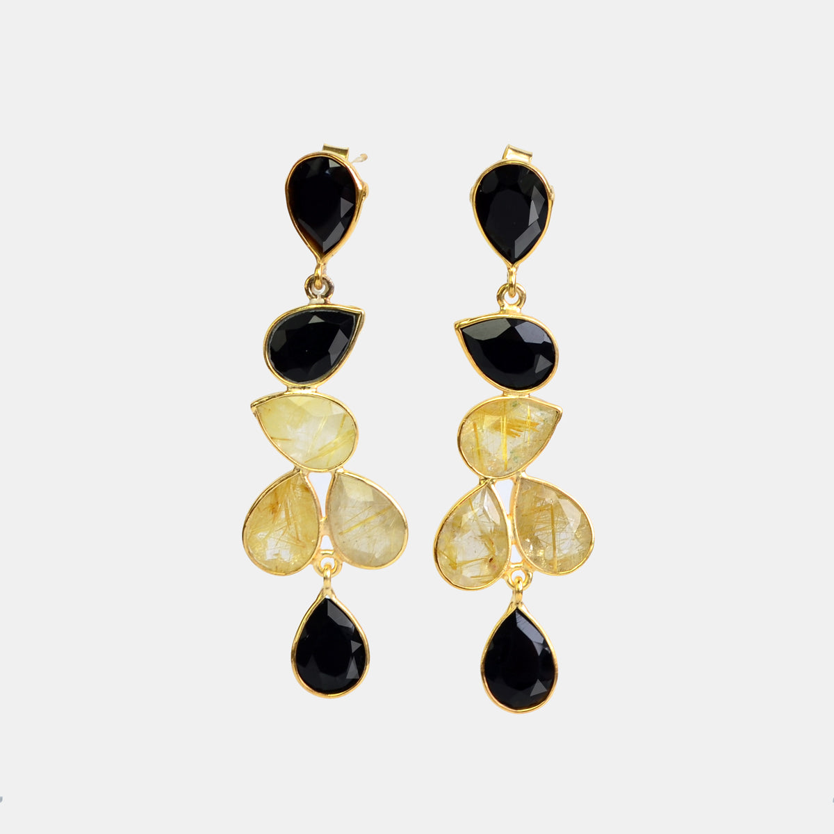 Elegant Black Onyx and Gold Rutilated Statement Earrings