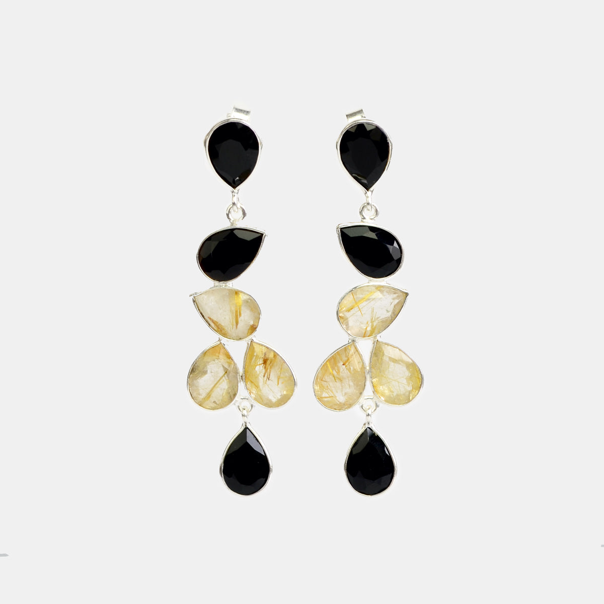 Elegant Black Onyx and Gold Rutilated Statement Earrings