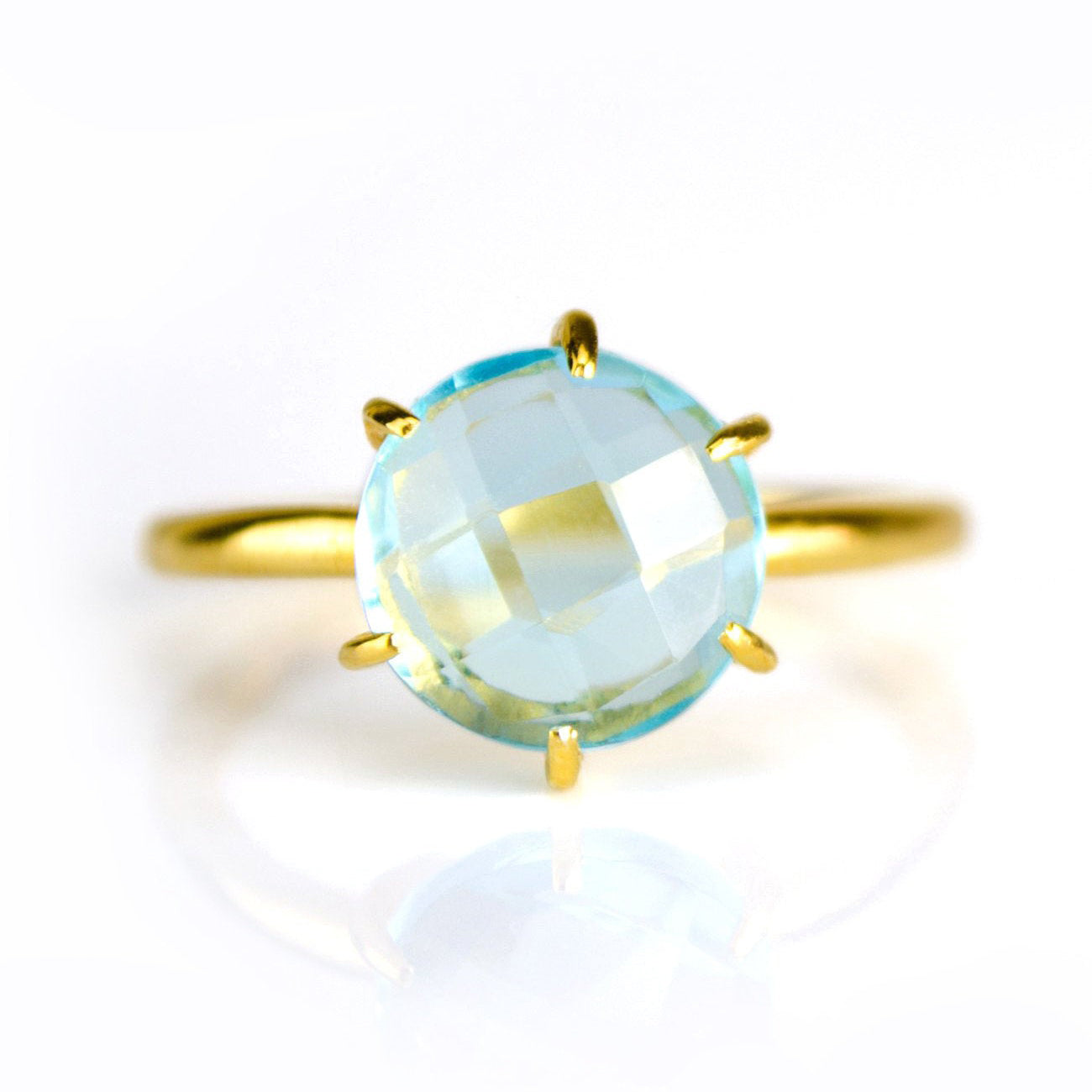 Blue Topaz Round Prong Set Ring, December Birthstone, 925 Sterling