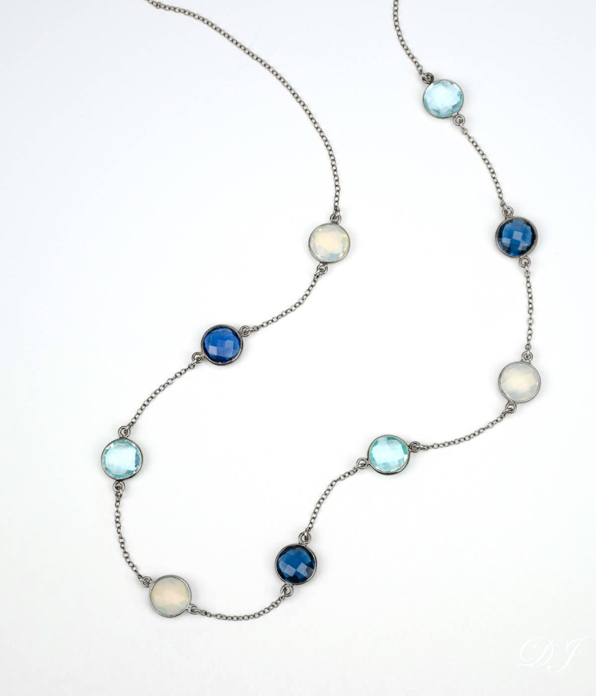 Long Kyanite, Opalite, Blue Topaz bezel station necklace