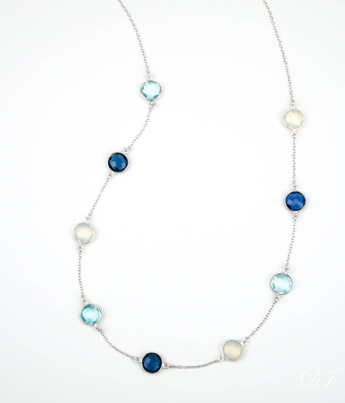 Long Kyanite, Opalite, Blue Topaz bezel station necklace