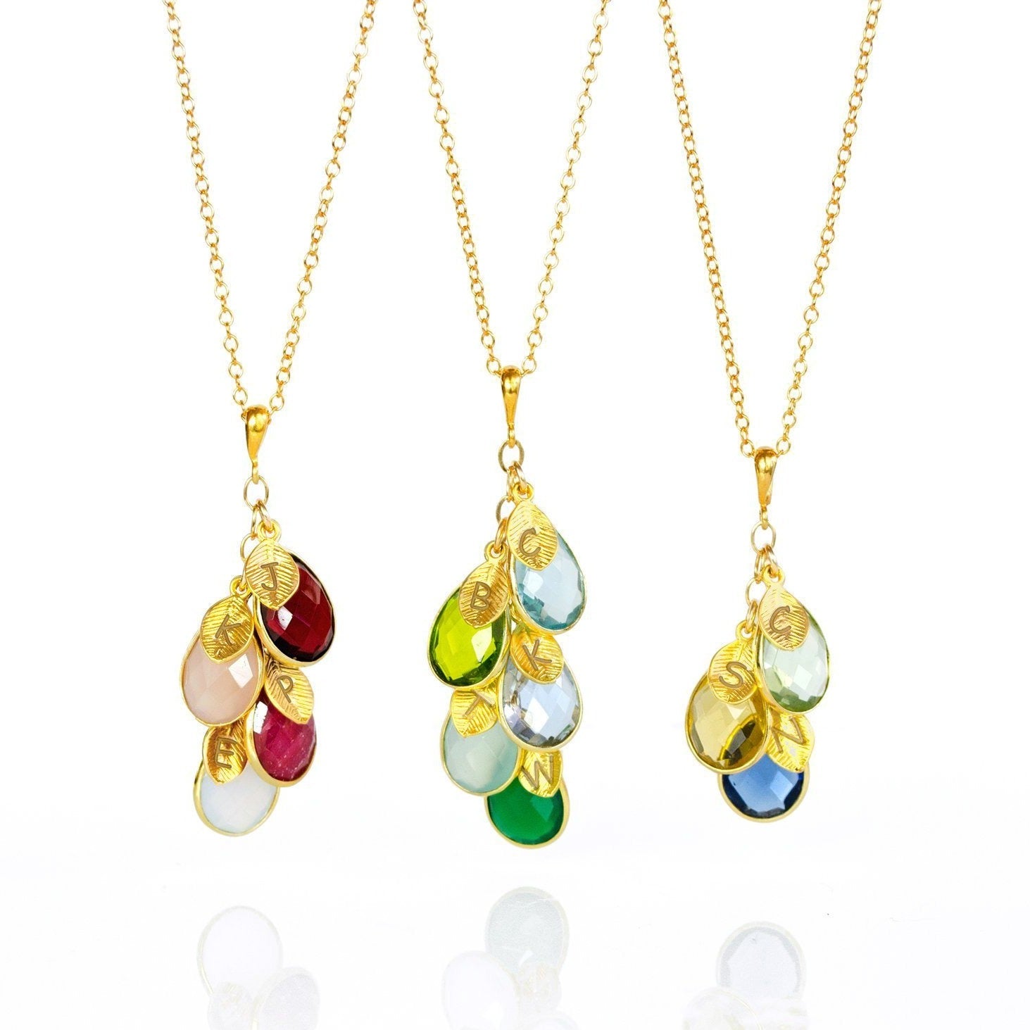 Mother's Birthstone Necklace with Leaf Initial Charms Mother's