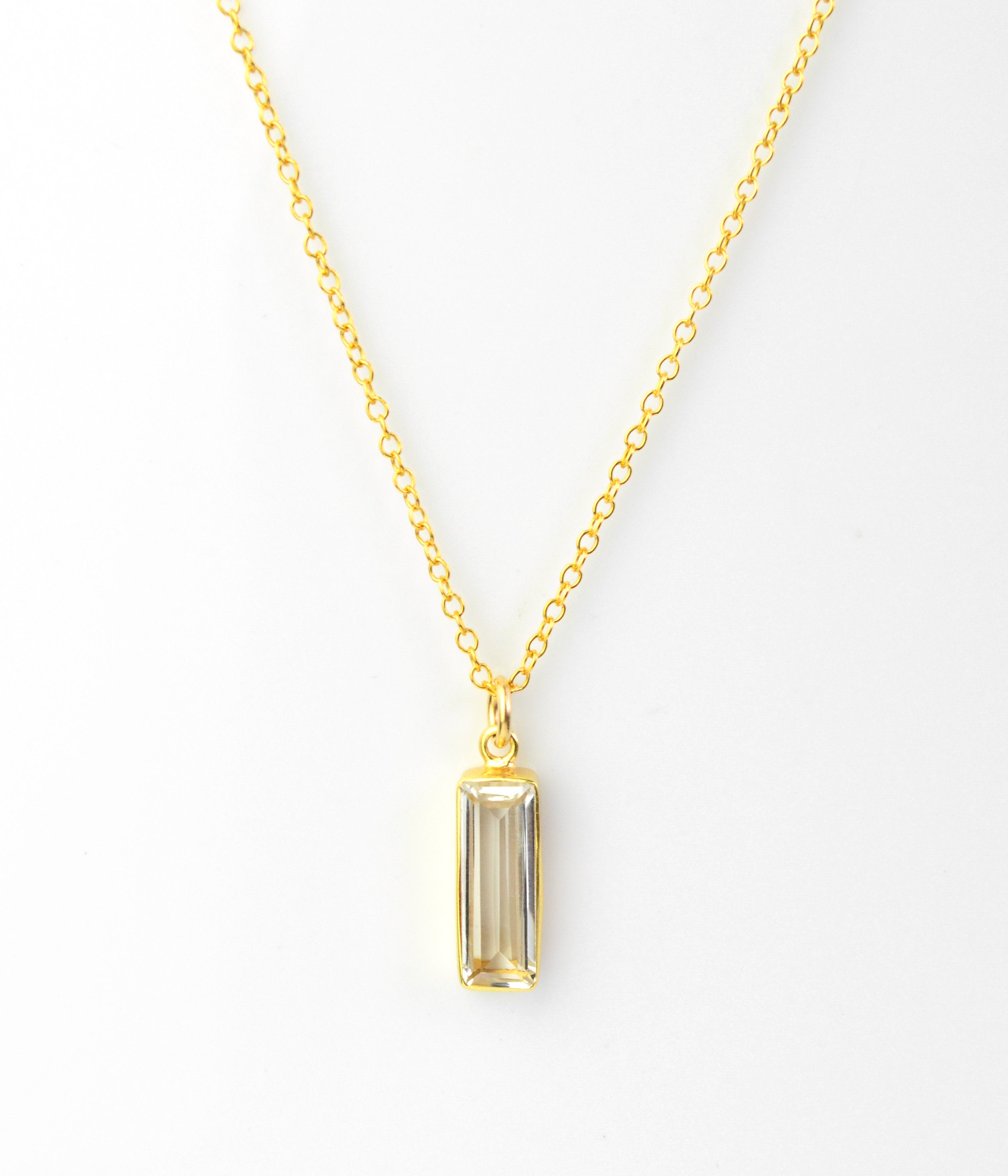 Single gold filled cable chain with vertical clear quartz adira bar necklace April birthstone month