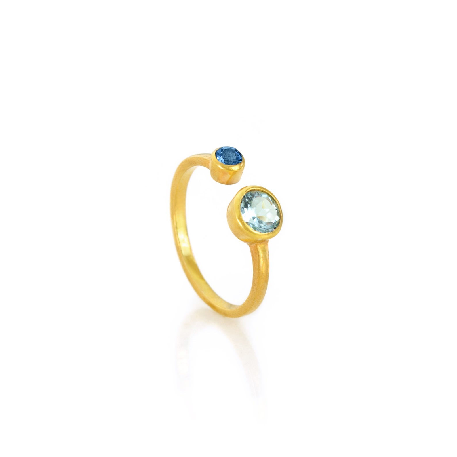 Single Gold filled open adjustable birthstone ring with 5mm blue topaz and 3mm kyanite stones.