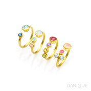 Mother's Adjustable Ring Collection Up to Three Small Stones Gift for Mom gold filled four rings shown featuring blue topaz, kyanite, moonstone and pink and aqua chalcedony, ruby with peridot, citrine and purple amethyst, and pink chalcedony with clear, blue topaz and ruby birthstones