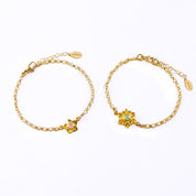 Two gold filled bloom bracelets featuring one birthstone each. Left is pink chalcedony and right is aqua chalcedony.