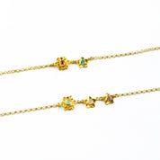 Top gold filled bloom bracelet is a mom of one with ruby and blue topaz birthstones. Bottom gold filled bloom bracelet for mom of two with aqua chalcedony, pink chalcedony and purple amethyst.