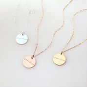 Mama  grandma 19mm disc necklaces come in rose gold filled, sterling silver or gold filled. Necklaces from left to right are sterling silver, rose gold plated, gold plated