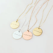 Mama  grandma 19mm disc necklaces come in rose gold filled, sterling silver or gold filled. Necklaces from left to right are gold plated, sterling silver, rose gold plated, gold plated