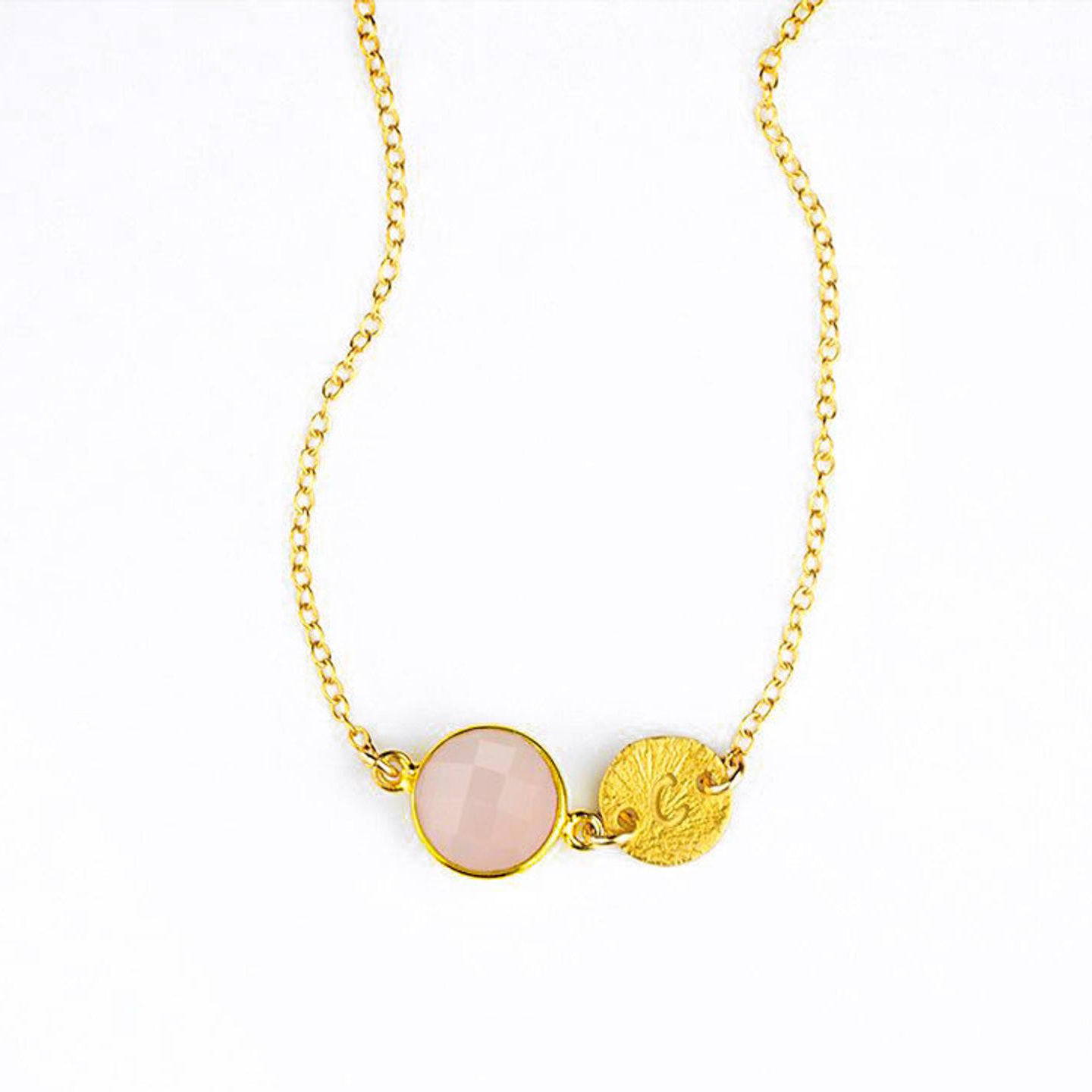 Personalized October Birthstone & Initial Charm Necklace, 925 Sterling Silver, 18k Vermeil Gold, Custom Pink Chalcedony Station Necklace, Minimalist Pink Gemstone, Christmas Gift for Her, for Women