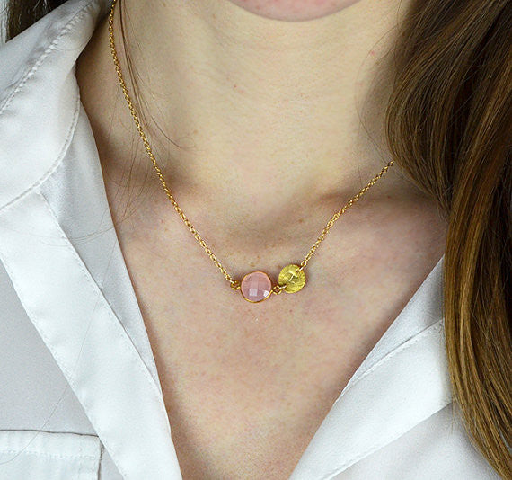 Personalized October Birthstone & Initial Charm Necklace, 925 Sterling Silver, 18k Vermeil Gold, Custom Pink Chalcedony Station Necklace, Minimalist Pink Gemstone, Christmas Gift for Her, for Women