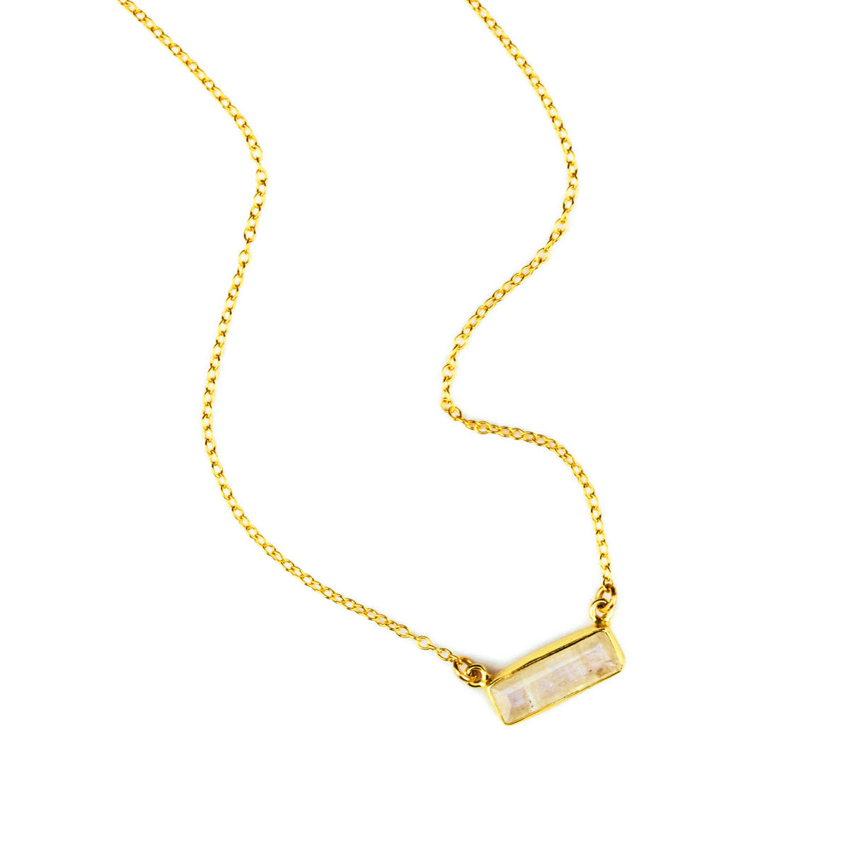 Single gold filled cable chain with rainbow moonstone horizontal bar necklace.