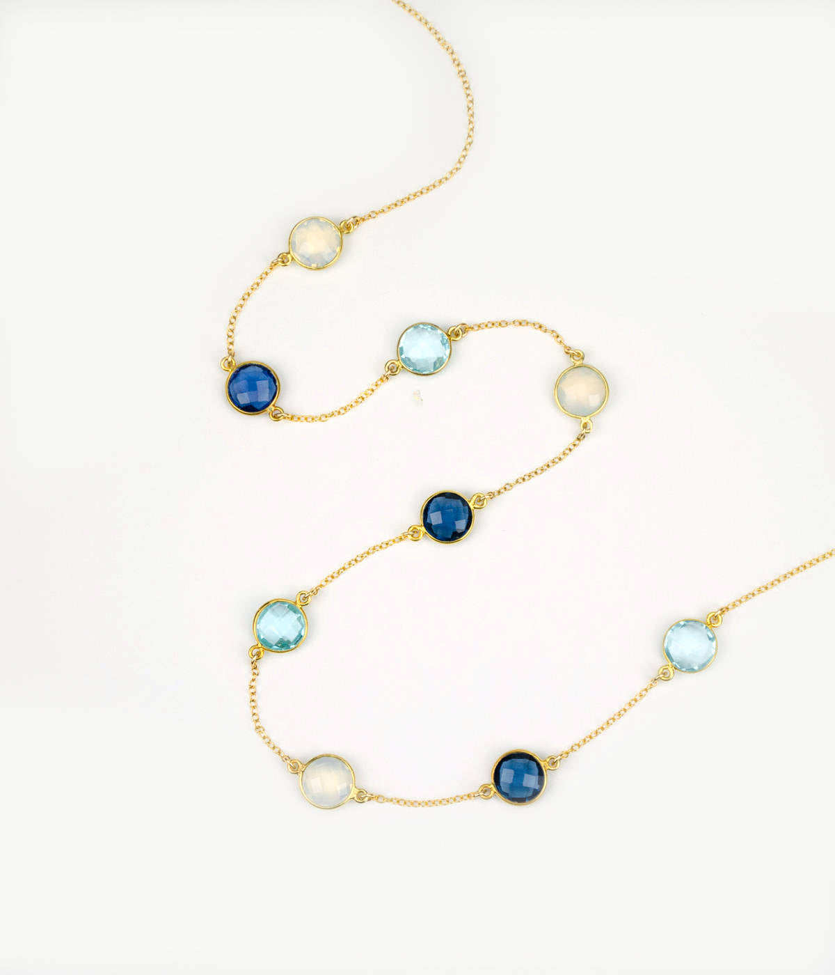 Long Kyanite, Opalite, Blue Topaz bezel station necklace