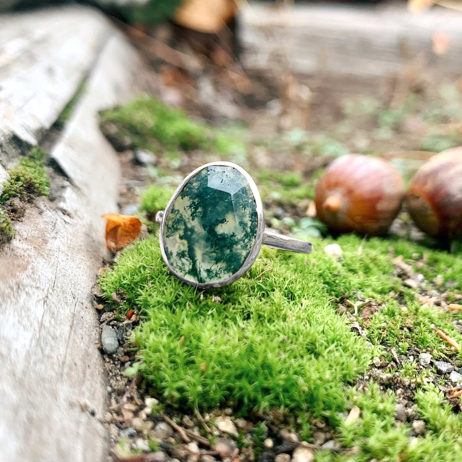 Moss Agate Large Teardrop Oval Ring