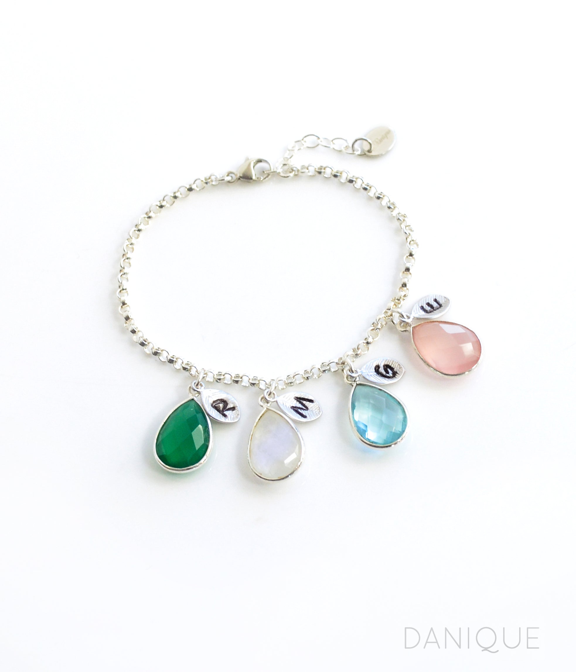Mother's Charm Bracelet with Teardrop Birthstones and Initials