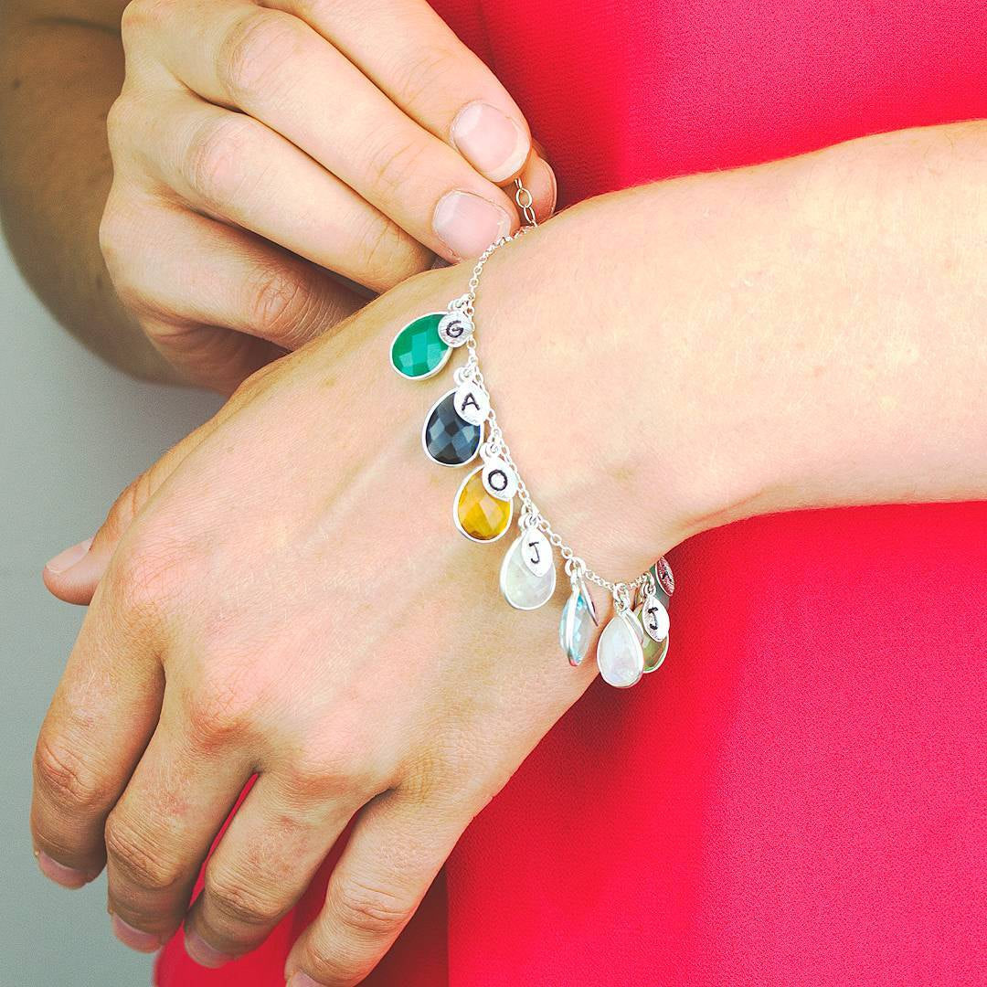 Mother's Charm Bracelet with Teardrop Birthstones and Initials