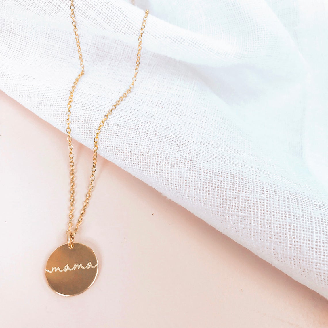 Mama grandma 19mm disc necklaces come in rose gold filled, sterling silver or gold filled. Necklace shown is rose gold with a cable chain.