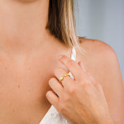 Model in white top is wearing an Adjustable Ring for Mom of 2 Vermeil Gold Plated Ring featuring moonstone, aqua chalcedony and pink chalcedony birthstones