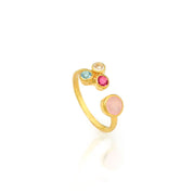 Birthstone Cluster Adjustable Ring Gift for Mother of Three Kids gold ring featuring mothers pink chalcedony and three children birthstones including ruby, clear and blue topaz.