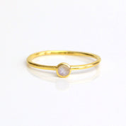 Single gold plated dainty 3mm Moonstone gemstone ring. June  birthstone. On white background. 925 sterling silver, birthstone ring, stacking ring, stackable, birthstone jewelry, facet gemstone