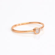 Single rose gold plated dainty 3mm Moonstone gemstone ring. June  birthstone. On white background. 925 sterling silver, birthstone ring, stacking ring, stackable, birthstone jewelry, facet gemstone