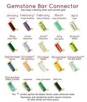 Adira gemstone bar connectors come in a variety of stone options including garnet, purple amethyst, green amethyst, aqua, clear, green onyx, alexandrite, moonstone, ruby, peridot, kyanite, pink chalcedony, opalite, citrine sky blue, copper turquoise, labradorite, green tourmaline, and black onyx.