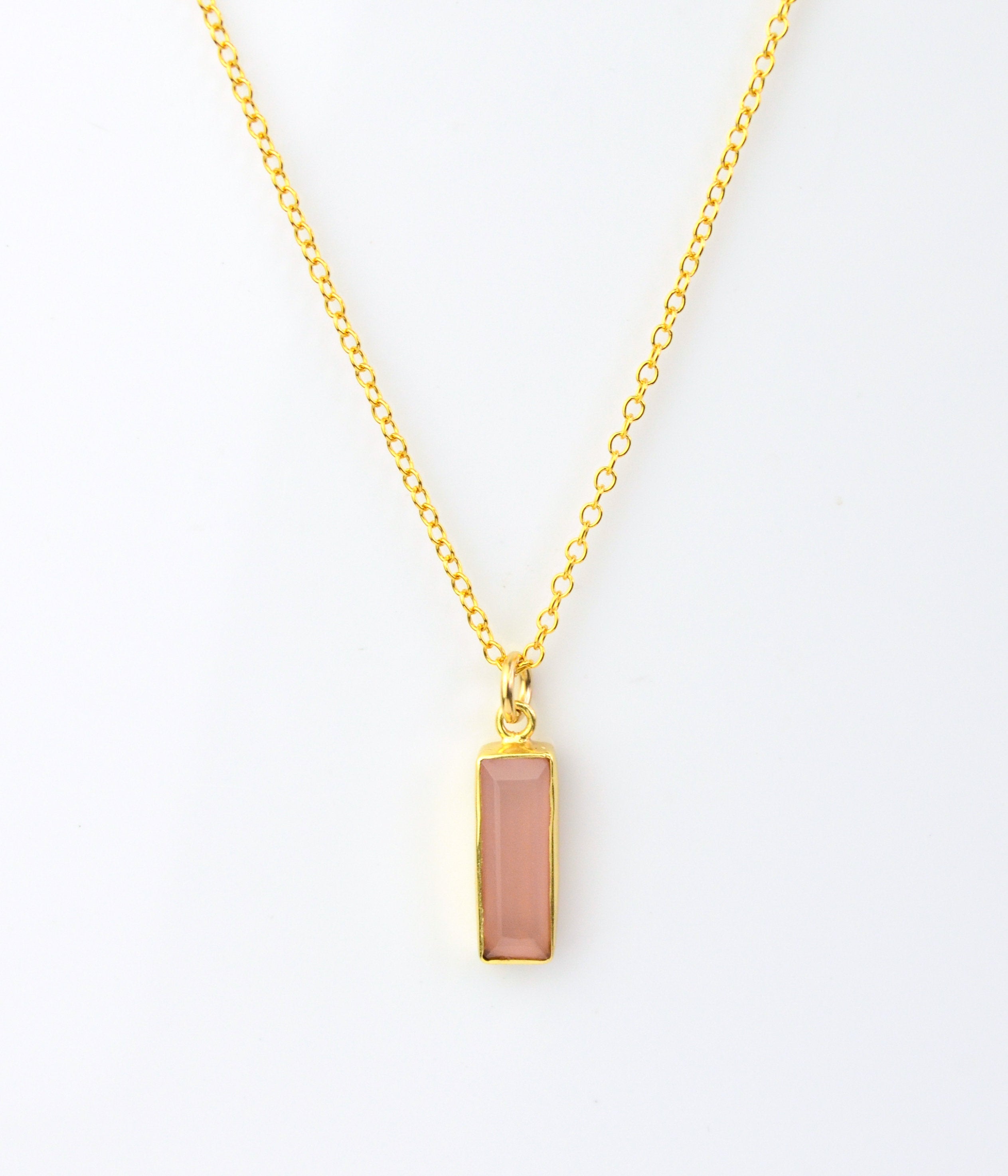 Vertical gold filled cable chain october pink chalcedony adira style birthstone bar