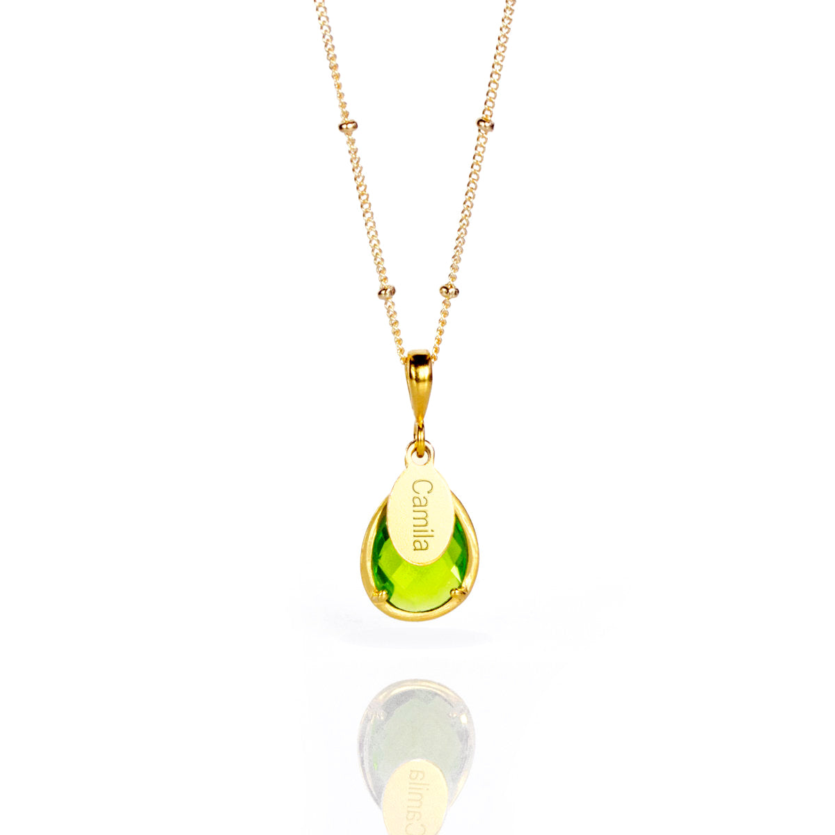 August Birthstone & Name Necklace : Peridot, 925 Sterling Silver, 14k Gold Filled, Prong Set Teardrop Necklace with Engraved Name Tag, Christmas Gift