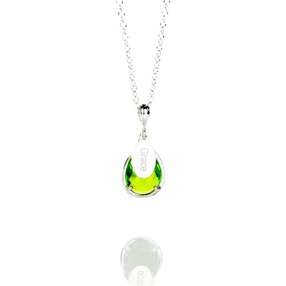 August Birthstone & Name Necklace : Peridot, 925 Sterling Silver, 14k Gold Filled, Prong Set Teardrop Necklace with Engraved Name Tag, Christmas Gift