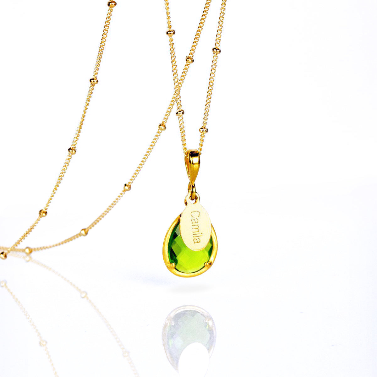 August Birthstone & Name Necklace : Peridot, 925 Sterling Silver, 14k Gold Filled, Prong Set Teardrop Necklace with Engraved Name Tag, Christmas Gift