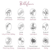 Choose from the set month birth flowers for your ring engraving. Options include carnation, primrose, daffodil, sweet pea, lily of the valley, rose, larkspur, poppy, morning glory, calendula, chrysanthemum, and holly
