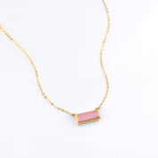 Single gold filled cable chain with october birthstone pink chalcedony horizontal bar adira necklace with secret message engraved on the bottom