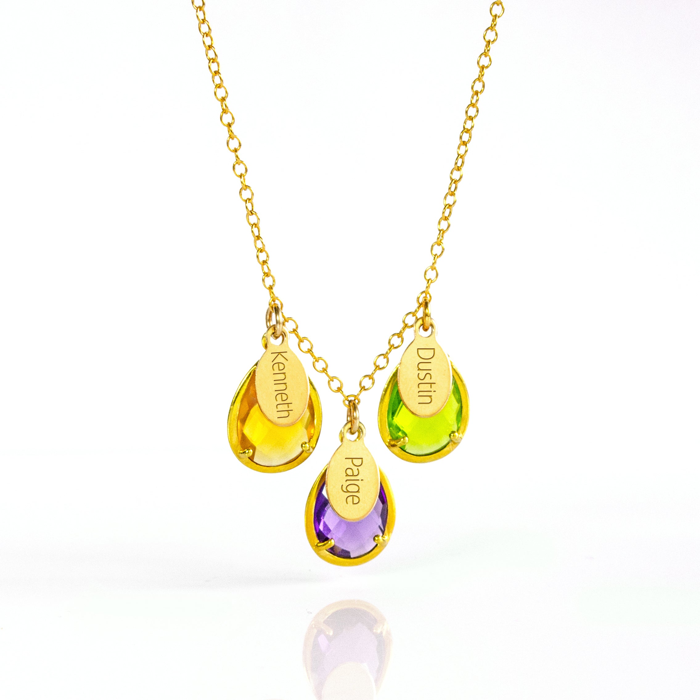 Gold filled chain with three birthstones, citrine, purple amethyst and peridot with engraved name tags.