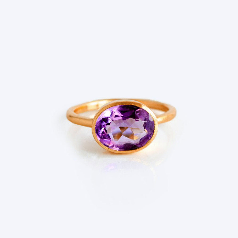Purple amethyst Rose Gold Plated ring, february birthstone jewelry, vibrant purple gemstone ring, Oval faceted Topaz, Bezel set ring, 18k vermeil gold, Sterling silver ring, amethyst gift, february birthday gift, purple ring for her, stacking ring, stackable ring