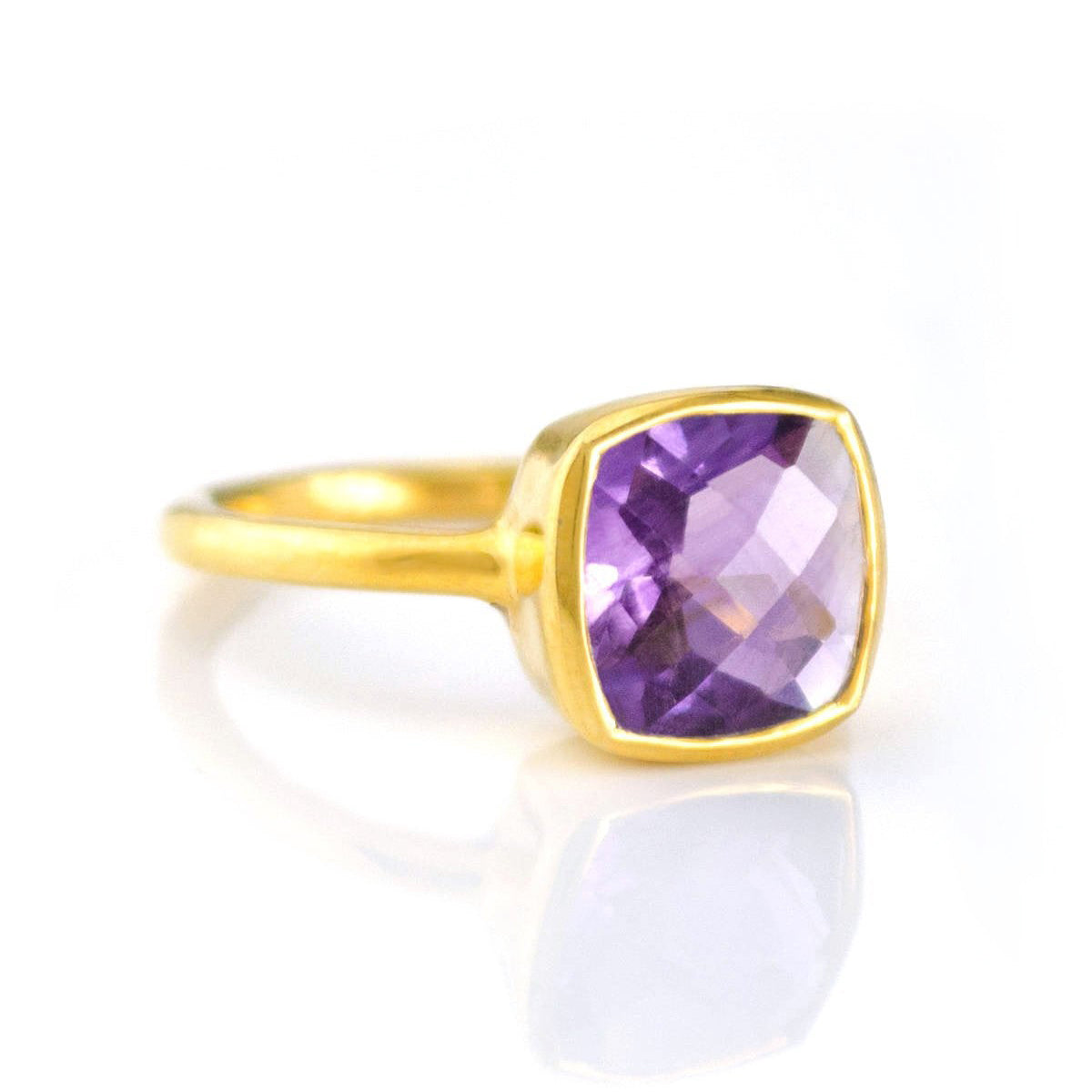 Gold plated purple amethyst ring, february birthstone jewelry, purple gemstone ring, square cushion faceted purple, Bezel set ring, Sterling silver ring, purple amethyst gift, february birthday gift, purple ring for her, birthstone ring, february birthstone