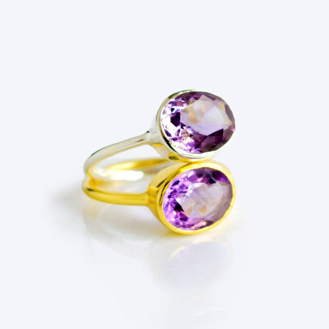 Sterling silver and gold plated Purple amethyst ring, february birthstone jewelry, vibrant purple gemstone ring, Oval faceted Topaz, Bezel set ring, 18k vermeil gold, Sterling silver ring, amethyst gift, february birthday gift, purple ring for her, stacking ring, stackable ring