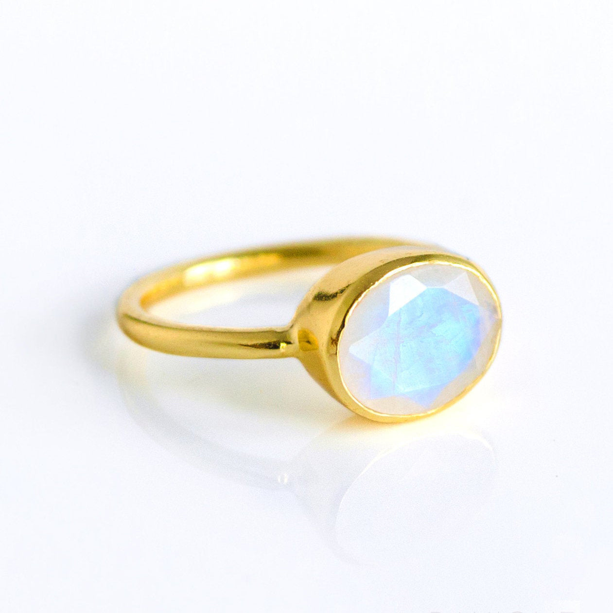 Rainbow Moonstone Oval Bezel Set Ring June Birthstone Ring