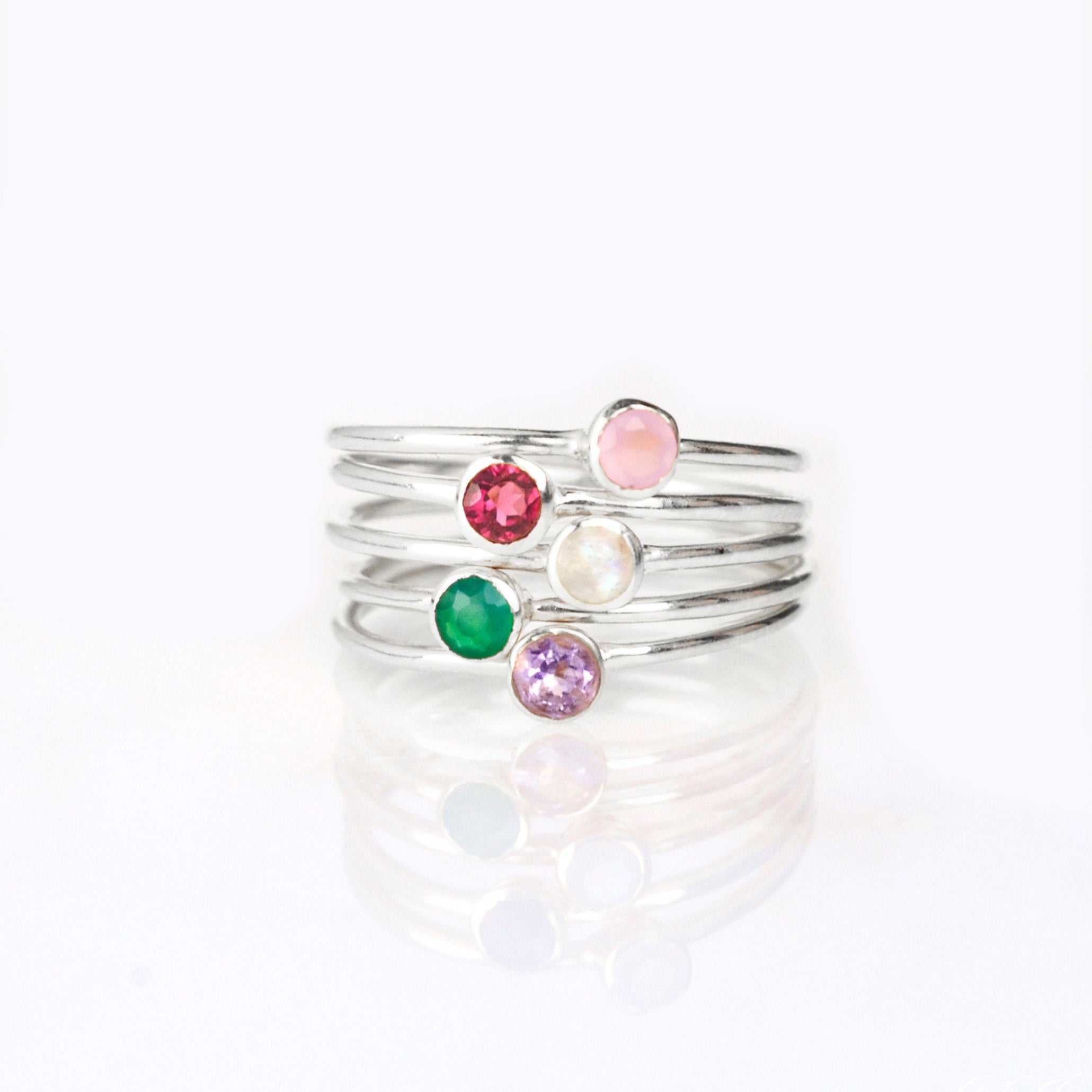 Five Ring Set Sterling Silver Pink Chalcedony Ruby Quartz Rainbow Moonstone Green Onyx Purple Amethyst Birthstones Gift for Mom