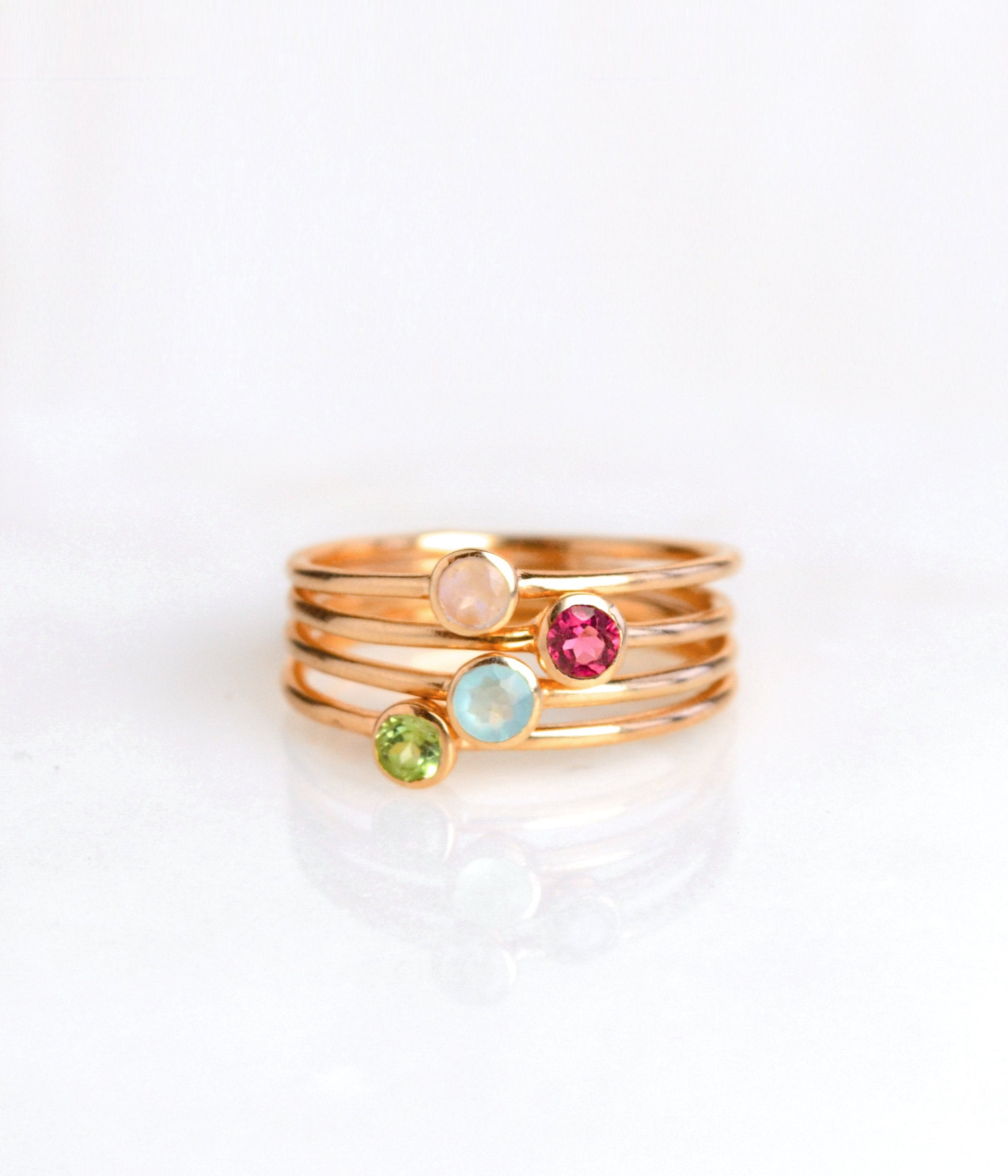 Rose Gold Metal Ring Set of Four Rings Pink Chalcedony Ruby Quartz Aqua Chalcedony Peridot