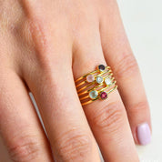 6 Ring Set Vermeil Gold Plated Garnet Pink Chalcedony Blue Topaz Rainbow Moonstone Aqua Chalcedony Ruby Quartz