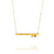Gold plated skinny bar with two names engraved with aqua chalcedony and ruby gemstones